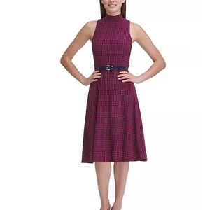 TOMMY HILFIGER Women Midi Dress Jersey Mock-Neck Plaid Workwear Casual Size 4
